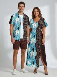 Tropical Leaf Flower Ethnic Print Plus Size Matching Hawaii Beach Outfit For Couples -  