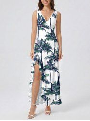 Coconut Tree Print Hawaii Ruffles Split Dress -  