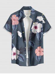 Plus Size Hibiscus Flowers Tropical Leaf Print Buttons Pocket Hawaii Shirt For Men -  