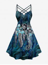 Plus Size Hibiscus Flowers Leaf Print Ruched Lattice Crisscross Straps Hawaii Dress -  