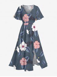 Plus Size Hibiscus Flowers Tropical Leaf Print Split Hawaii Midi Dress -  
