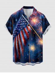 Patriotic American Flag Fireworks Oil Painting Print Buttons Pocket Shirt For Men -  