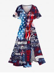Patriotic American Flag Letter Print Split Pocket A Line Midi Dress - Bleu 6X