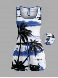 Coconut Tree Sea Print Hawaii Drawstring Pocket Romper -  