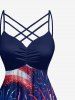 Plus Size Patriotic American Flag Fireflame Print Ruched Crisscross Strappy A Line Cami Dress -  