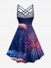Plus Size Patriotic American Flag Fireflame Print Ruched Crisscross Strappy A Line Cami Dress -  