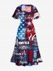 Patriotic American Flag Letter Print Split Pocket A Line Midi Dress - Bleu 6X