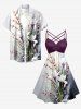 Flower Plant Branch Print Hawaii Ruched Crisscross Strappy A Line Cami Dress - Pourpre  6X
