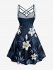 Hibiscus Flower Leaf Print Ruched Lattice Crisscross Straps Hawaii Dress -  