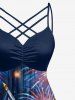 Plus Size Patriotic American Flag Fireworks Oil Painting Print Ruched Lattice Crisscross Straps Dress -  