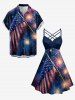 Patriotic American Flag Fireworks Oil Painting Print Ruched Lattice Crisscross Straps Dress -  