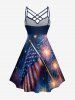 Patriotic American Flag Fireworks Oil Painting Print Ruched Lattice Crisscross Straps Dress - Bleu profond 4X