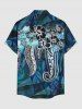Plus Size Hibiscus Flowers Leaf Print Buttons Pocket Hawaii Shirt For Men -  