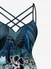 Plus Size Hibiscus Flowers Leaf Print Ruched Lattice Crisscross Straps Hawaii Dress -  