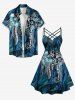 Plus Size Hibiscus Flowers Leaf Print Ruched Lattice Crisscross Straps Hawaii Dress -  