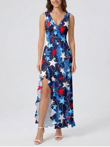 Patriotic American Flag Print Ruffles Split Dress - DEEP BLUE - S