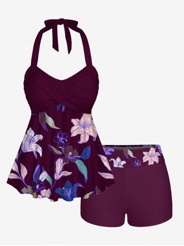 Flower Leaf Print Hawaii Twist Halter Backless Boyleg Tankini Swimsuit - PURPLISH RED - 2X