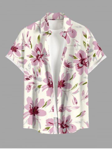 Plus Size Flowers Leaf Print Buttons Pocket Hawaii Shirt For Men - PINK - 2XL