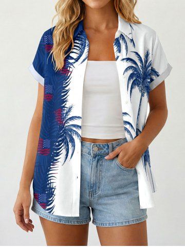 Women Patriotic American Flag Coconut Tree Colorblock Print Buttons Pocket Shirt - BLUE - L