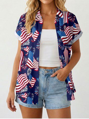 Women Patriotic American Flag Fireworks Print Buttons Pocket Shirt - DEEP BLUE - XS