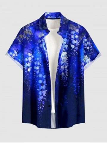 Plus Size Flowers Leaf Ombre Print Buttons Pocket Hawaii Shirt For Men - BLUE - 4XL