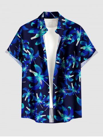 Plus Size Flowers Print Buttons Pocket Hawaii Shirt For Men - BLUE - 4XL