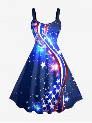 Plus Size Patriotic American Flag Galaxy Print Tank Dress - DEEP BLUE - 2X