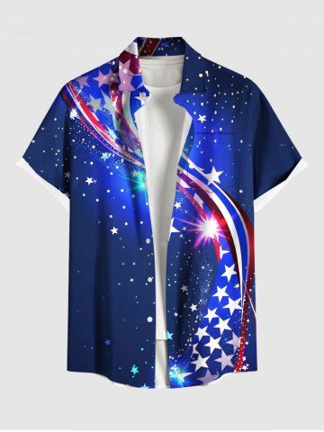Plus Size Patriotic American Flag Galaxy Print Buttons Pocket Shirt For Men - DEEP BLUE - 6XL