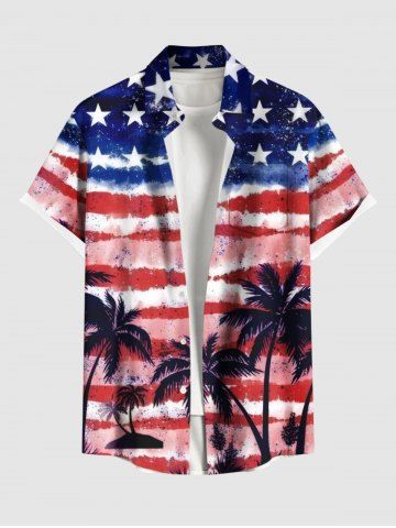 Plus Size Patriotic American Flag Coconut Tree Tie Dye Print Buttons Pocket Shirt For Men - BLUE - 4XL