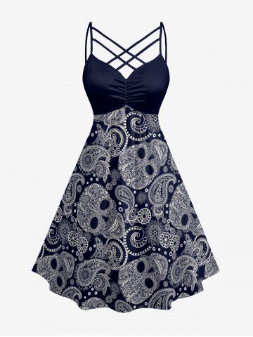 Plus Size Paisley Floral Skull Print Ruched Lattice Crisscross Straps Hawaii Dress - DEEP BLUE - XS