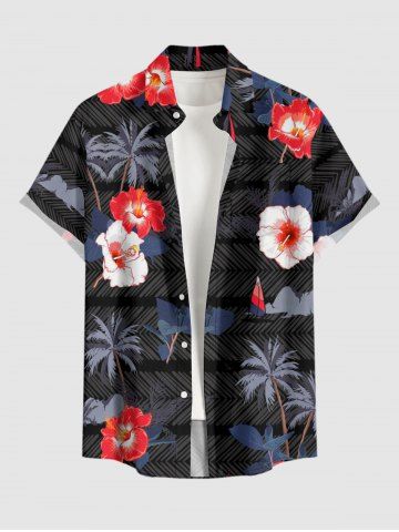Plus Size Coconut Tree Hibiscus Flower Print Buttons Pocket Hawaii Shirt For Men - BLACK - S