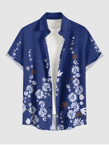 Plus Size Flower Print Hawaii Button Pocket Shirt For Men - BLUE - 4XL