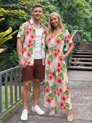 Hibiscus Flowers Tropical Leaf Geometric Pattern Print Matching Hawaii Beach Outfit For Couples - Rose  