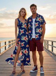 Hibiscus Flower Tropical Leaf Print Matching Hawaii Beach Outfit For Couples -  