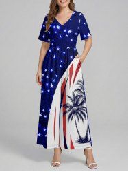 Coconut Tree Curve Patriotic American Flag Print Hawaii Wide Leg Jumpsuit -  