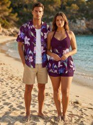 Flower Leaf Print Shirt Swimsuit Matching Hawaii Beach Outfit For Couples -  