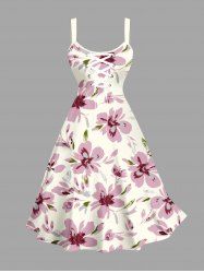 Plus Size Flowers Leaf Print Lace Up Panel Hawaii Tank Dress -  