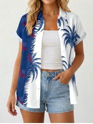 Women Patriotic American Flag Coconut Tree Colorblock Print Buttons Pocket Shirt - Bleu XS