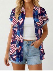 Women Patriotic American Flag Fireworks Print Buttons Pocket Shirt -  