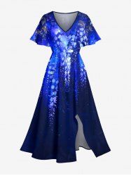 Flowers Leaf Ombre Print Split Hawaii Midi Dress - Bleu XS
