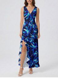 Flowers Print Hawaii Ruffles Split Surplice Dress -  