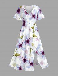 Plus Size Flowers Leaf Print Split Hawaii Midi Dress -  