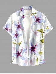 Plus Size Flowers Leaf Print Buttons Pocket Hawaii Shirt For Men - Blanc S