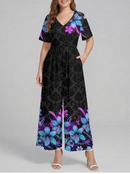 Flower Leaf Print Hawaii Wide Leg Jumpsuit - Noir S