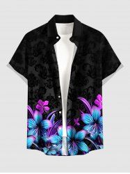 Plus Size Flower Leaf Print Hawaii Button Pocket Shirt For Men -  