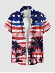 Plus Size Patriotic American Flag Coconut Tree Tie Dye Print Buttons Pocket Shirt For Men - Bleu 2XL