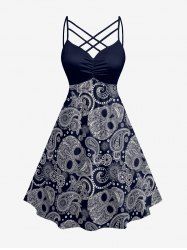 Plus Size Paisley Floral Skull Print Ruched Lattice Crisscross Straps Hawaii Dress - Bleu profond S