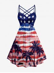 Plus Size Patriotic American Flag Coconut Tree Tie Dye Print Ruched Lattice Crisscross Straps Dress - Bleu S