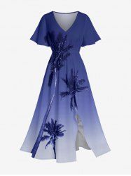 Coconut Tree Ombre Sky Print Hawaii Split Pocket A Line Midi Dress - Bleu S