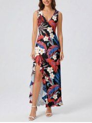 Tropical Leaf Flower Print Hawaii Ruffles Split Dress - Rouge Cerise XXL